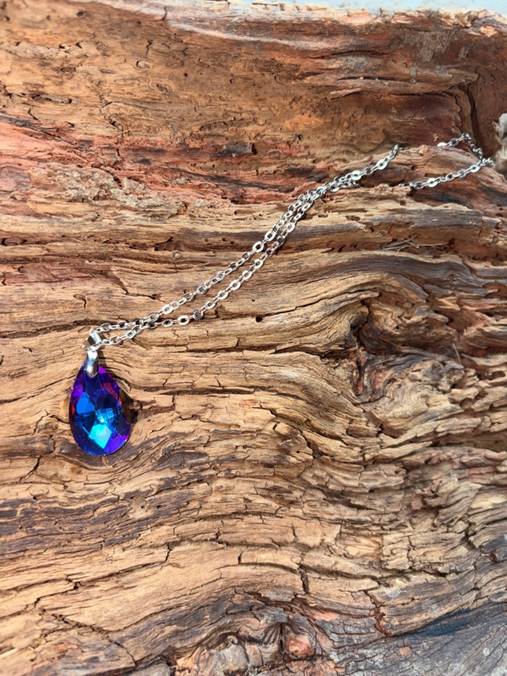 Silver Necklace with Iridescent Purple-Blue Teardrop Pendant